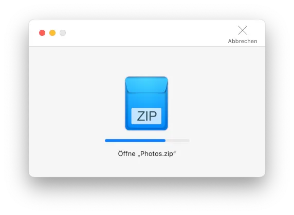 Archiver opening a compressed 'ZIP' file containing different photos.