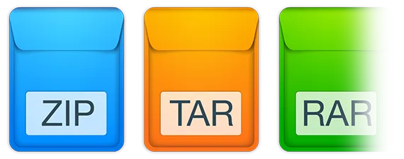 A series of three colored icons representing different formats which Archiver can work with: 'ZIP', 'TAR', 'RAR'...
