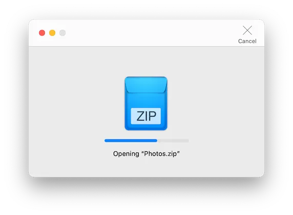 Archiver opening a compressed 'ZIP' file containing different photos.