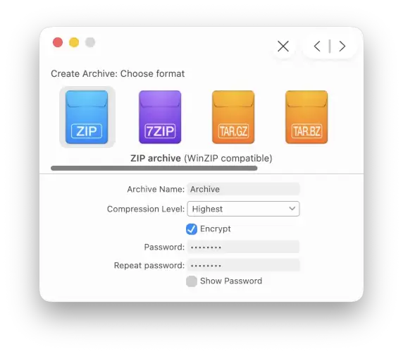 An Archiver compression in progress where you can see a password field to safely protect your compressed file.