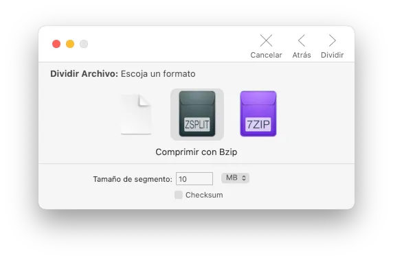 Una compresión en progreso de Archiver donde puedes especificar el dividir tu fichero en partes según tamaño.